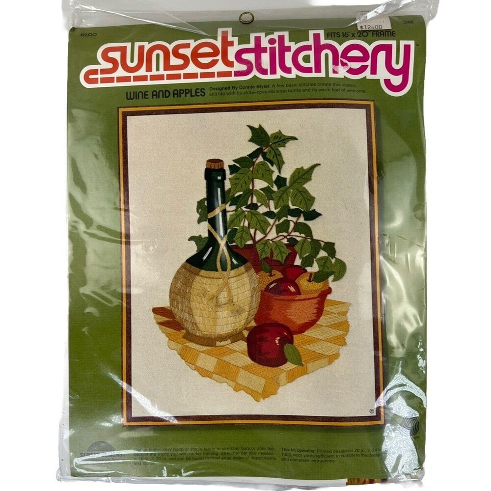 Vintage Sunset Stitchery Wine and Apples Embroidery Kit 16x20 #2385 SEALED 1975